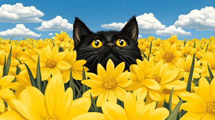 Whimsical black cat with bright yellow eyes peeking out from a vibrant field of cheerful yellow flowers under a sunny blue sky