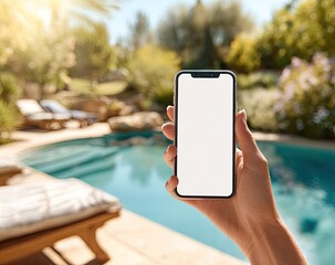 Smartphone displayed outdoors near a pool