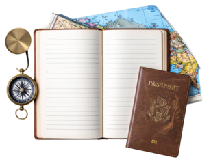  Open Journal with Compass, Map and Passport Clipart PNG
