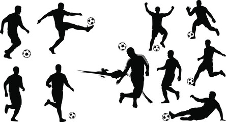 Dynamic Soccer Players Silhouette Actions, Kicking, Running, Dribbling, Scoring, Playing Football Sport, Active Athlete Poses, Game Concept