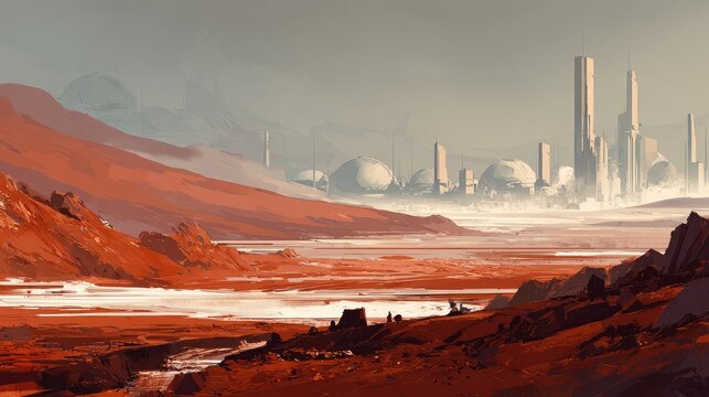 Pixel Art Futuristic Martian Cityscape