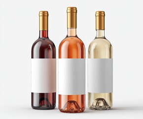 Three wine bottles, red, ros?, and white, with blank labels