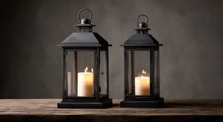 Two black decorative lanterns on a rustic wooden surface