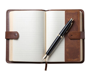  Open Leather-Bound Journal with Fountain Pen on Blank Pages, Isolated PNG
