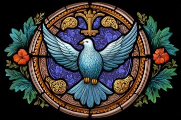 Blue dove flying in stained glass window art