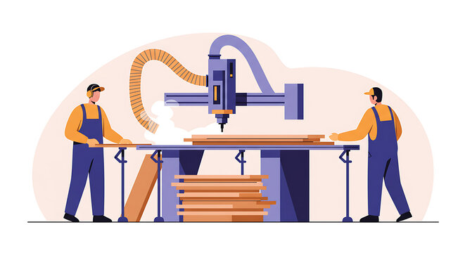 Two carpenters working on a wooden structure using a CNC machine in a workshop, illustrating modern woodworking and industrial processes - Powered by Adobe