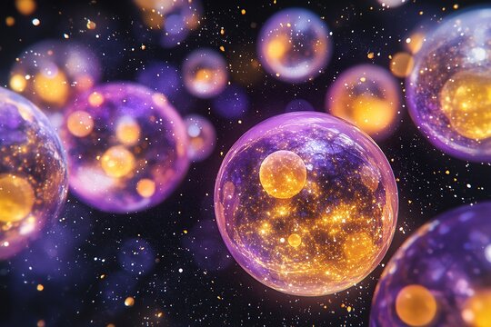 A background of purple, yellow, and orange spheres with light particles on a black background