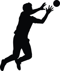 Silhouette of male athlete jumping to catch ball – representing sports, agility, action, competition, focus, and athletic performance.