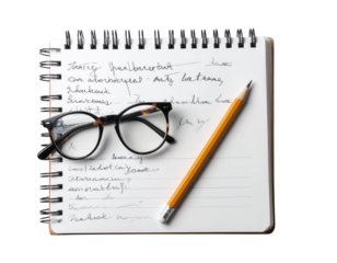 Open Notebook with Short Story Draft and Glasses, Flat Lay Style PNG