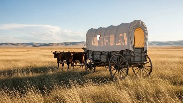 A picturesque view of a traditional covered wagon being drawn by oxen across a vast golden meadow under a clear sky, evoking a sense of adventure and exploration.