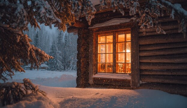 Winter cabin window glowing warmly