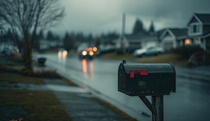 Rainy suburban street scene with mailbox