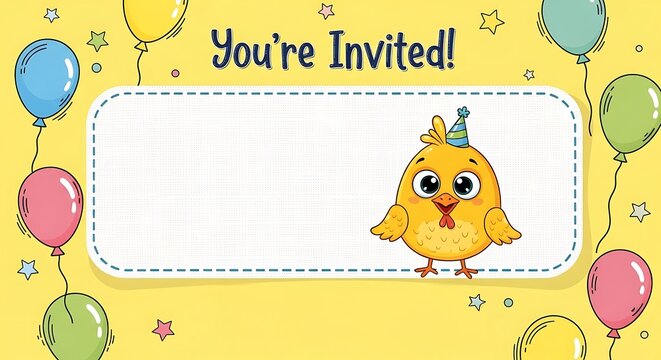 A yellow invitation card featuring a cartoon chicken and colorful balloons.