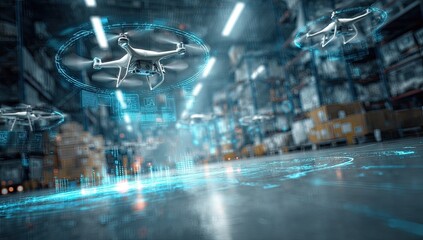 Drones in a warehouse with augmented reality overlays