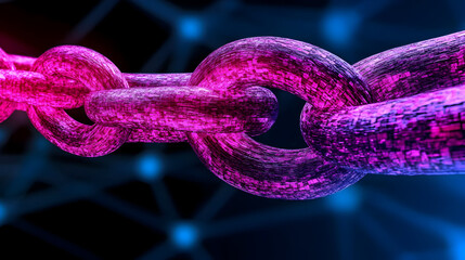 Stunning blockchain network with pink and purple glowing links conveys security, connection, and digital transformation beautifully