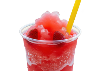 Refreshing strawberry slushy drink with ice and a yellow straw isolated on transparent background