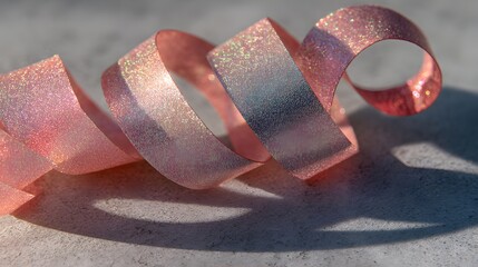 A delicate pink ribbon, shimmering with iridescent glitter, gracefully curls on a light gray surface.