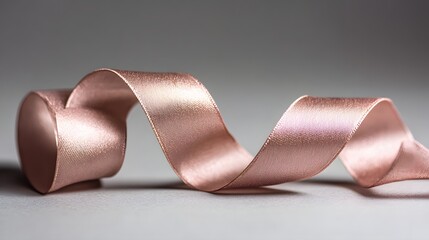 A delicate, rose-gold ribbon gracefully curves and spirals, showcasing a smooth, satin texture against a muted gray backdrop.