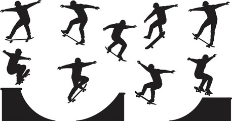 Dynamic skateboarder performing various tricks on ramps, silhouette action shot, extreme sports, skateboarding movement, athletic performance, high-energy action