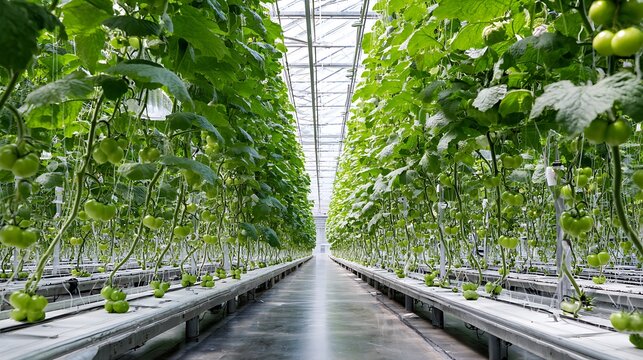 Inside a bright greenhouse growing fresh tomatoes for sustainable agriculture production farming system - Powered by Adobe