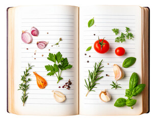 Open Recipe Book with Handwritten Notes and Ingredients PNG
