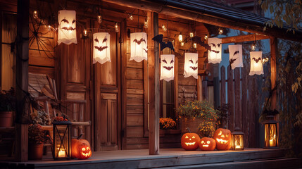 Obraz premium Halloween Day Porch Decoration with Ghost Lanterns, Pumpkins, Jack O Lanterns and Glowing Lights Creating Spooky Outdoor Haunted Atmosphere