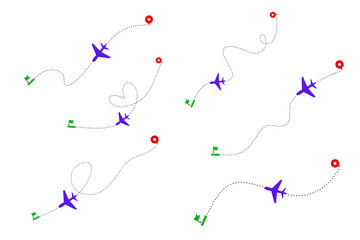 Set of Air plane map pointer icons fron one point to another dotted line, icon of map pointer, location point from place to another ,  map pointer, 
