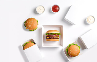 fast food Packaging Mockup concept. Flat Lay burger in a box at white clean table 