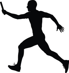 Silhouette of male sprinter running with relay baton, symbolizing athletic strength, speed, teamwork, competition, sportsmanship, and physical performance.