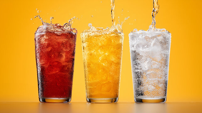 Refreshing fizzy drinks with ice splashing in three tall glasses against a vibrant orange background.