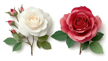 Naklejka premium Two roses, one white, one red, on a white background. Atop stems with leaves and buds