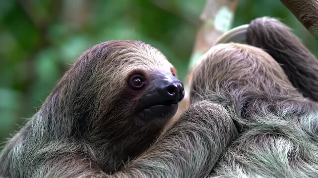 Detailed Close-Up of a Curious Three-Toed Sloth Blinking Slowly in a Lush Tropical Rainforest