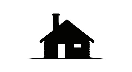 Silhouette of a rustic log cabin with a chimney and door.