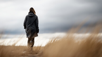 Woman in a dark coat walking through a windy field under a cloudy sky.