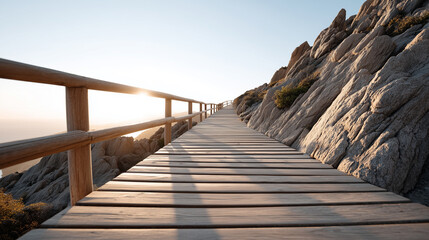 Fototapeta premium Wooden boardwalk pathway with railings leading up a rocky mountain slope at sunrise.