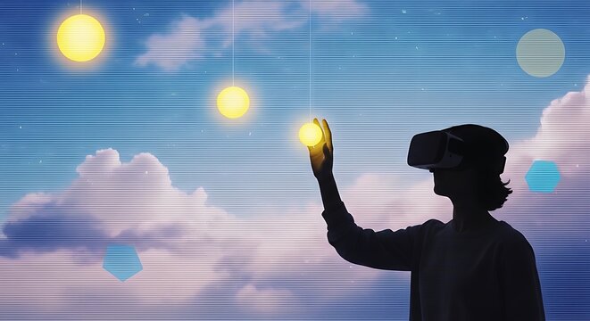 Person wearing vr headset reaching for glowing orb in a surreal sky