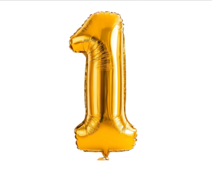 A golden number 1 balloon isolated on a white background in the front view