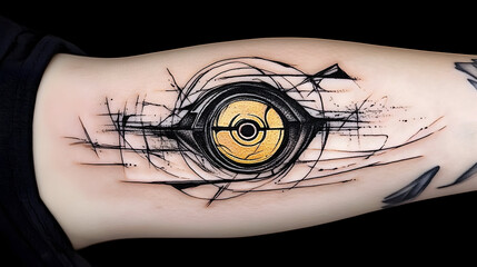 Intricate geometric tattoo design with bold lines and a striking golden center, perfect for body art enthusiasts and modern style lovers