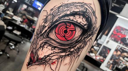 Dramatic red eye tattoo art design on arm creating a powerful and unique statement graphic for body art enthusiasts and tattoo culture fans