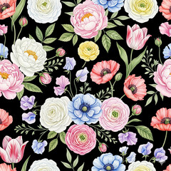 Seamless pattern on black background. Fresh white, pink, blue flowers, roses, peonies, poppies, tulips, butterfly pea flowers, ranunculus, buttercups.