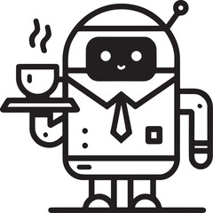 Cute Robot with Tie Serving Coffee, AI Assistant and Service Automation Icon