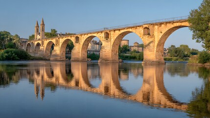 Fototapeta premium A serene stone bridge, arches reflected in a calm river, under a clear morning sky.