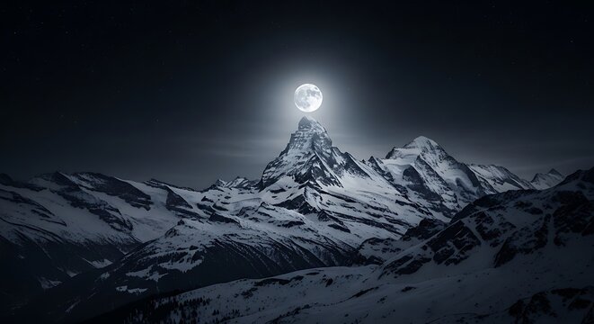 Majestic mountain range under the bright full moon at night.
