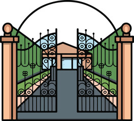 Decorative Entrance Gate with Garden Path and House, Luxury Estate and Secure Property Concept