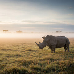 Obraz premium Majestic rhino in misty savanna sunrise for conservation needs