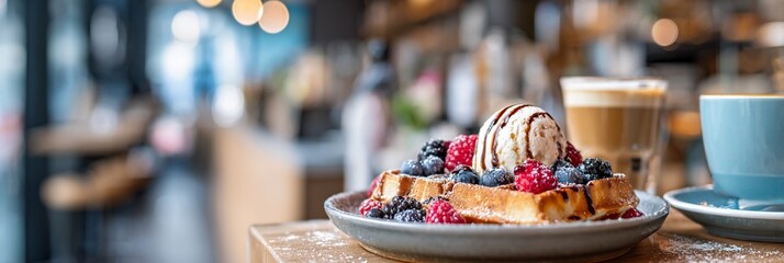 Deliciously plated waffles topped with fresh berries and ice cream, served in a cozy café atmosphere, perfect for breakfast or brunch lovers looking for indulgent treats.