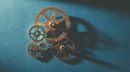 Interlocking bronze gears against a blue backdrop, suitable for innovation concepts, engineering graphics, or abstract backgrounds.