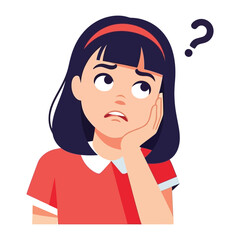 Perplexed Reflection: An illustrated depiction of a thoughtful girl with a raised eyebrow and a question mark, emphasizing an introspective state.
