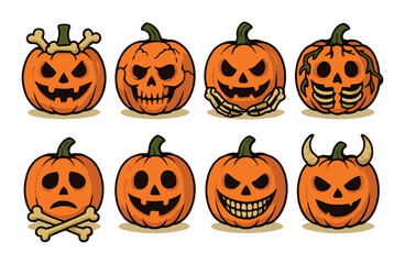 Halloween cartoon pumpkin faces with bones and horns on orange background
