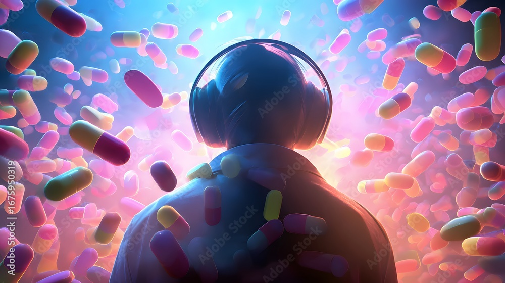 Wall mural a person in headphones, surrounded by a vibrant array of floating pills, in a digitally created sett